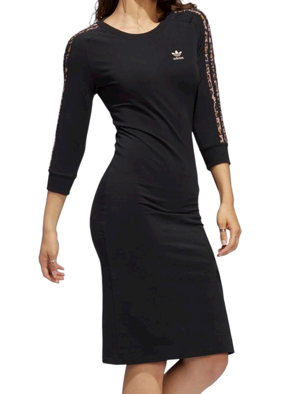 adidas Black Midi Dress with Leopard-Print Shoulder Stripes